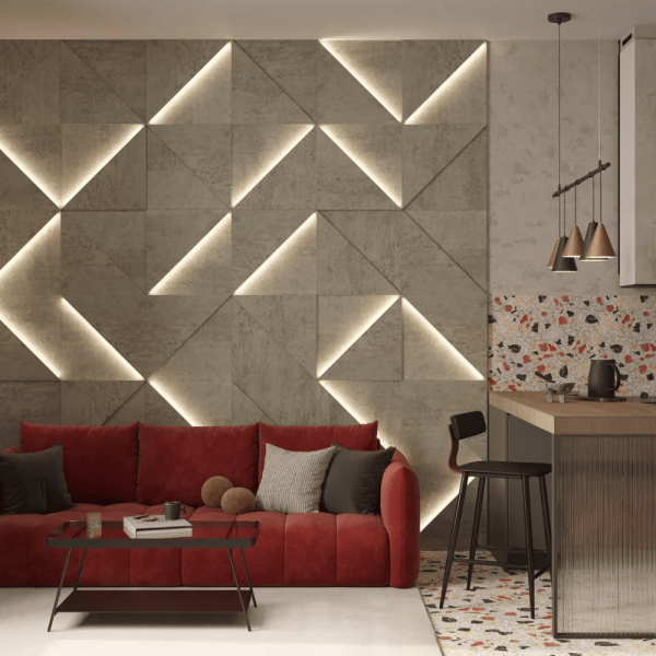 Модульная стеновая 3D панель с LED подсветкой  PRIZMA / БЕТОН БЕЖ